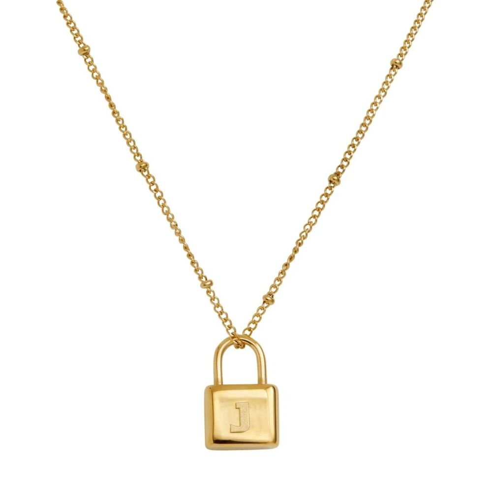 NIB Savvy Cie Initial "J" 18K Gold Plated Lock Pendant Necklace